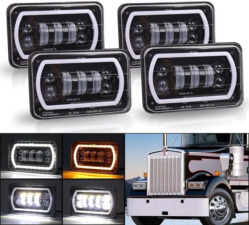 MOVOTOR Off Road 4x6 Led Headlights with White/Yellow Halo Seal Beam H4651 H4656 H6545 H4668 Replacement Headlights for Ford Kenworth Peterbilt Semi Truck - Image 1